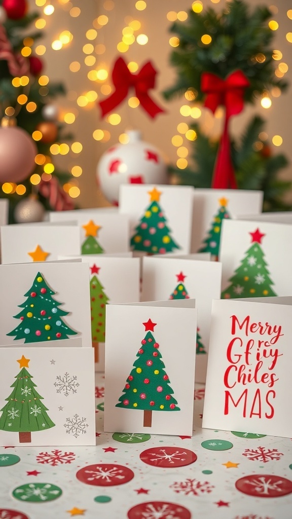 A variety of handmade Christmas cards with festive designs on a decorated table.